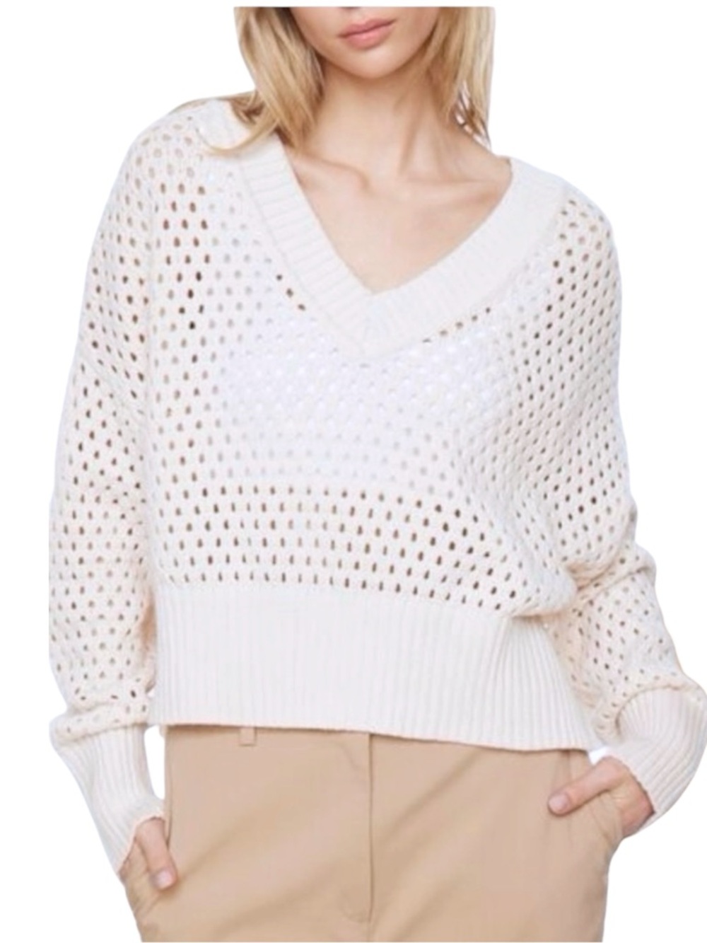 Dynamite Off White Cotton Oversized V-Neck Open Stitch Crop Sweater (XL/L)